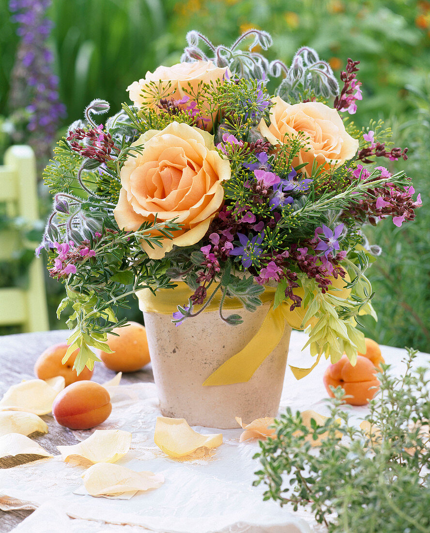 Herbal bouquet with Rose, anethum, salvia, borago