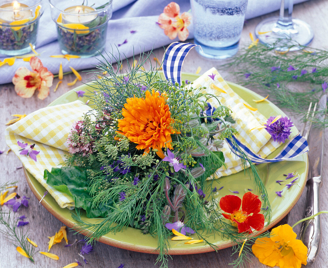 Bouquet of herbs with Calendula (marigold), Anethum (dill), Borago