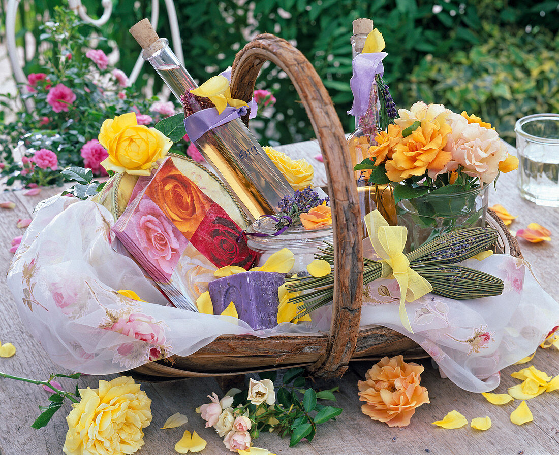 Gift basket with Rose, lavandula, lavender vinegar
