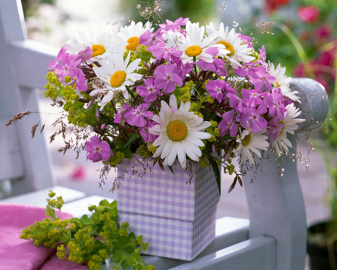 Strauß mit Argyranthemum (Margeriten), Phlox (Flammenblume), Alchemilla