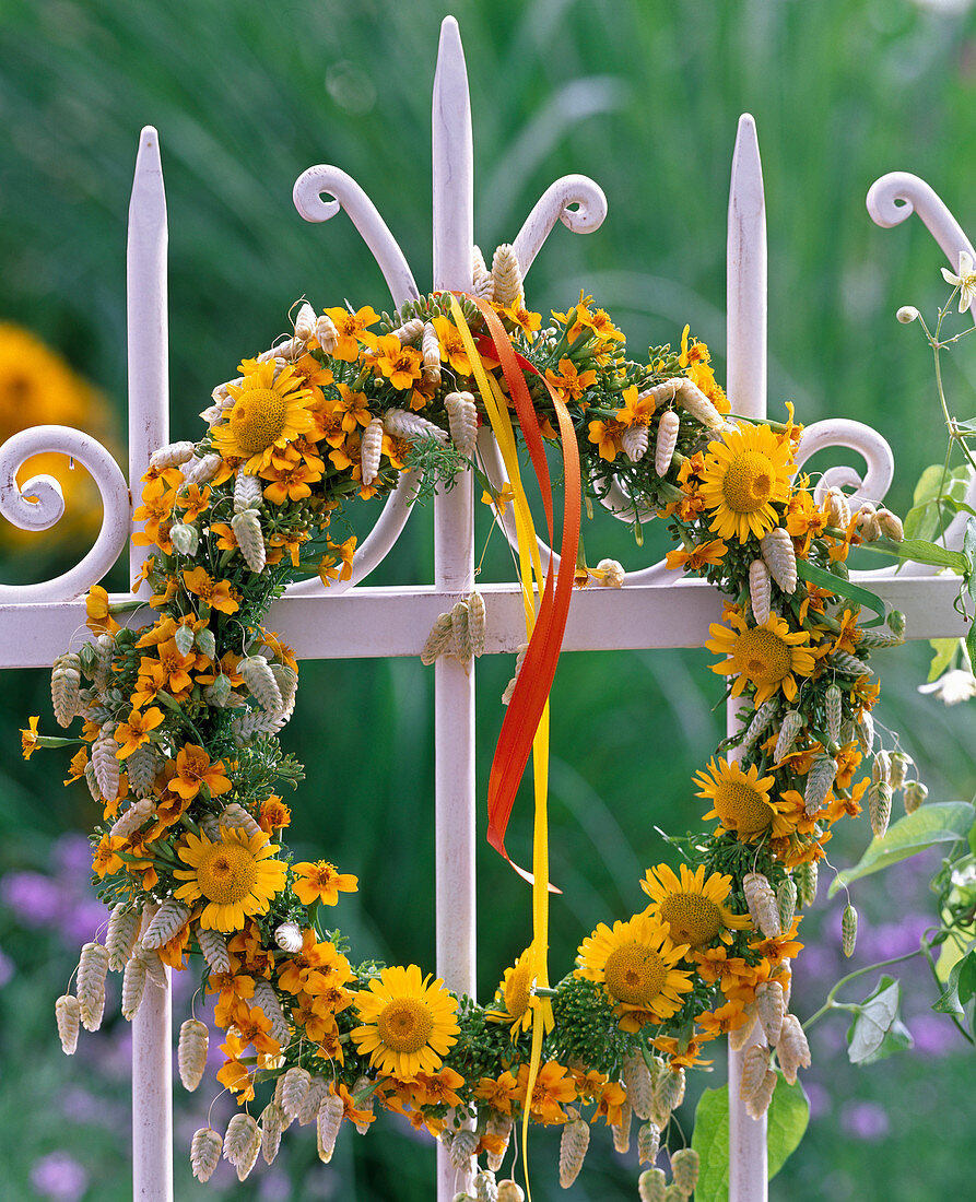 Wreath of flowers of Anthemis (camomile), Tagetes (marigold)