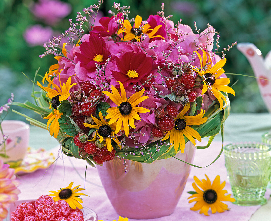 Arrangement of Hydrangea (Hydrangea), Cosmos (Cosmea), Rudbeckia