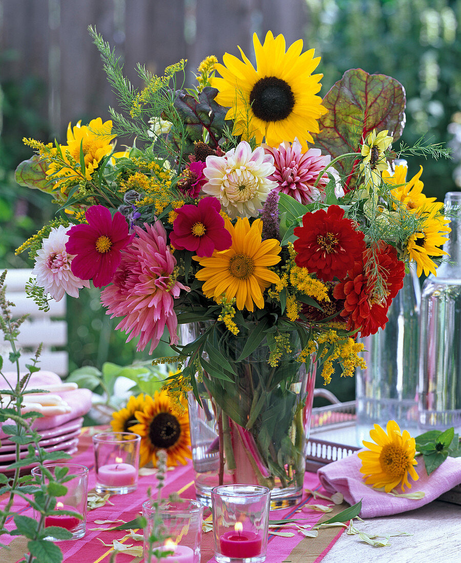Late summer bouquet with Helianthus (sunflower), Cosmos