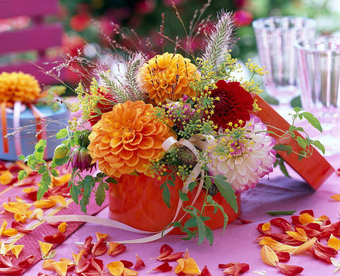 Late summer bouquet with dahlia in box