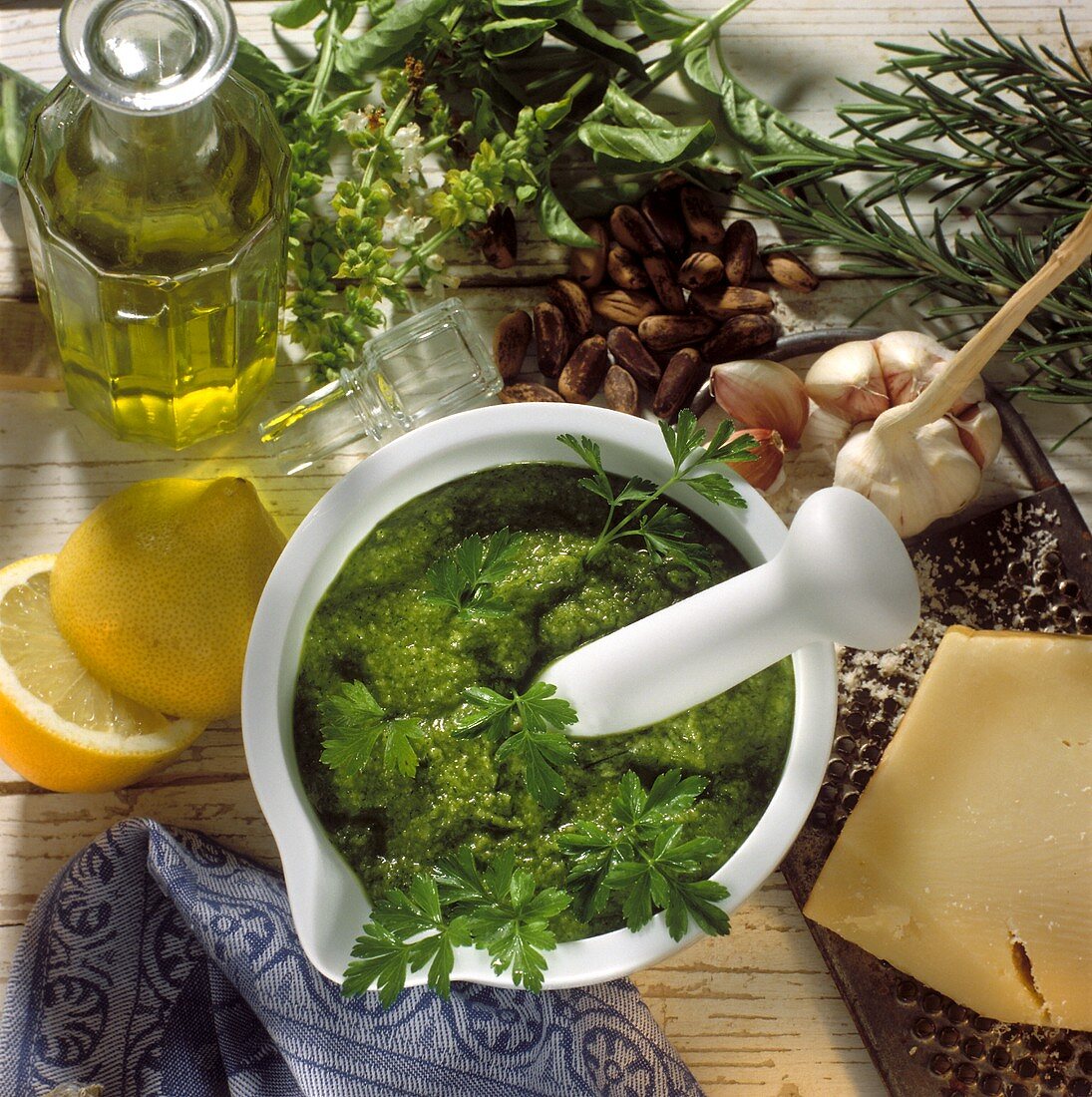 Pesto with Mortar and Pestle; Ingredients