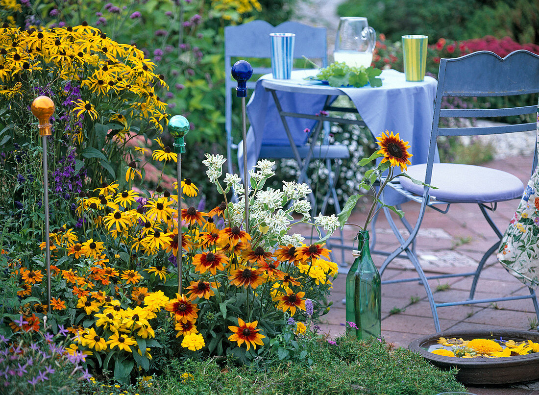 Spätsommerbeet mit Rudbeckia und Sitzgarnitur