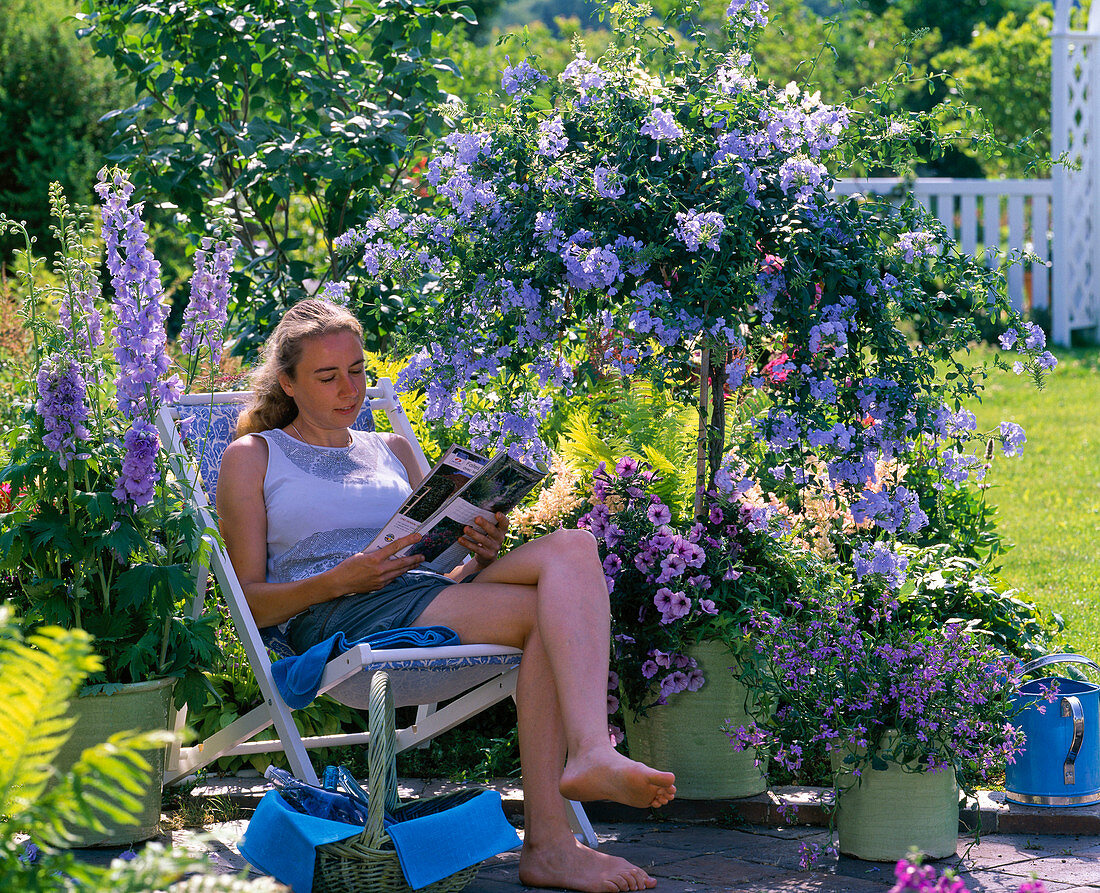 Blue terrace with folding deck chair