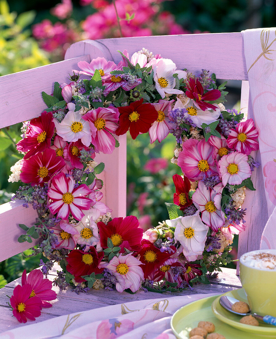 Cosmos and Nepeta wound to a wreath