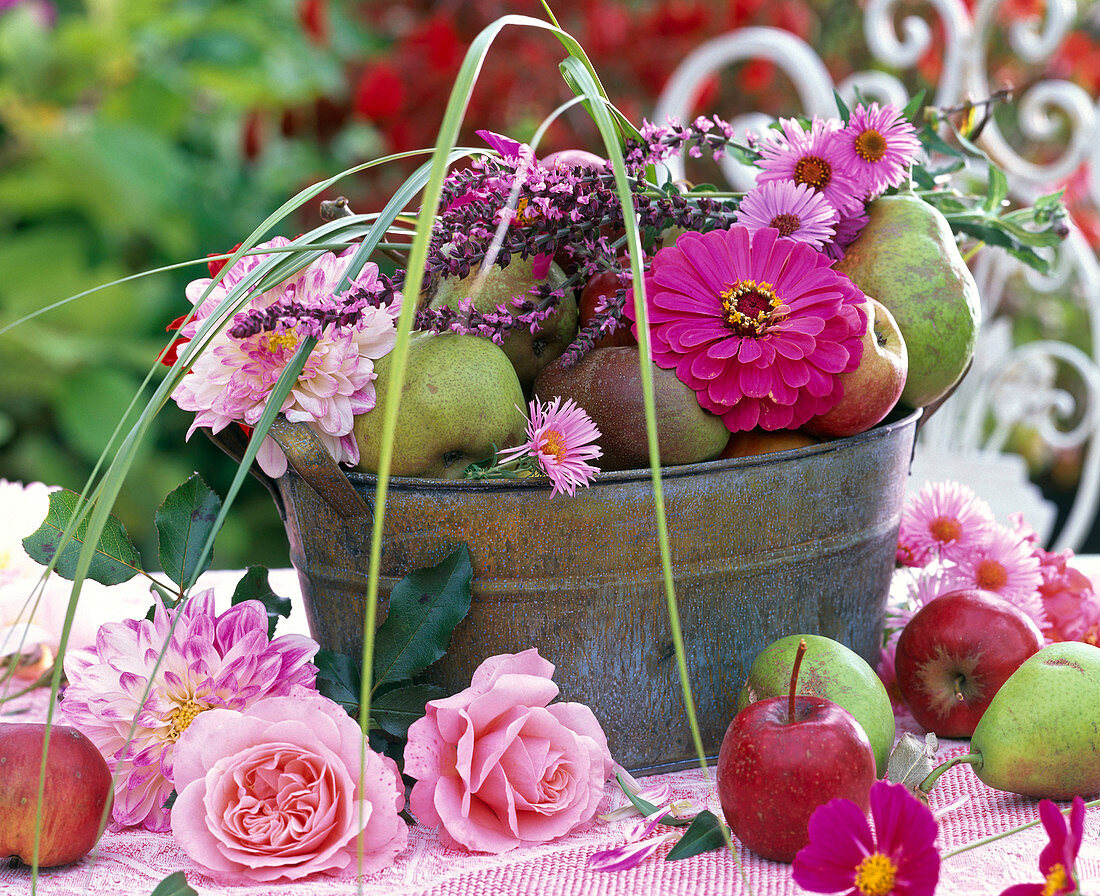 Thanksgiving with apples, roses, dahlias, pears