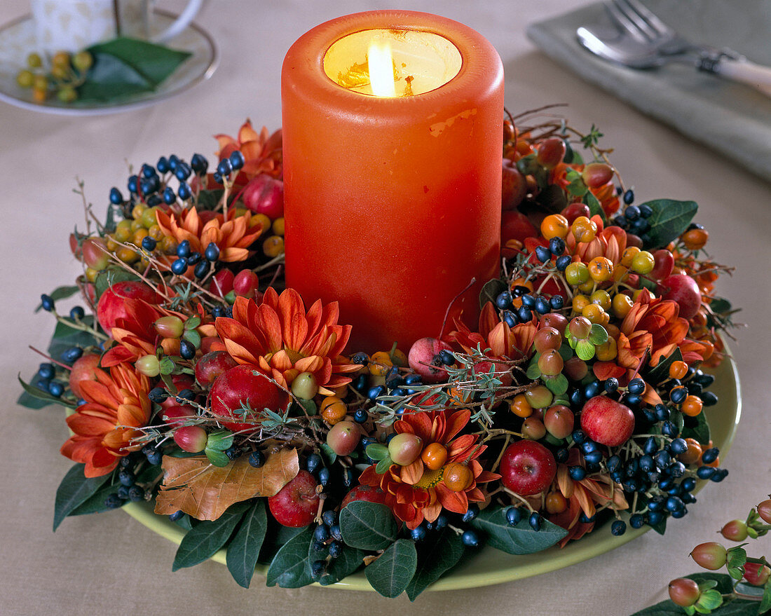 Wreath of Chrysanthemum (autumn chrysanthemum), Hypericum (St. John's wort)