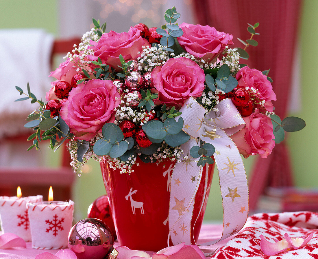 Bouquet with pink (rose), eucalyptus, gypsophila (gypsophila)