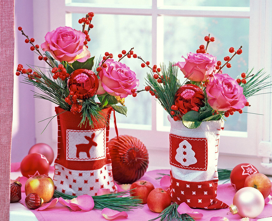 Bouquets of Pink 'Sweet Unique' (Rose), Ilex (Red Winterberry)