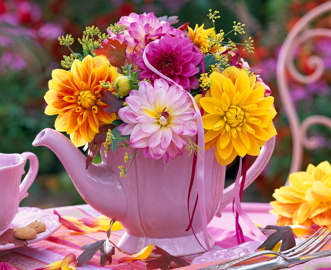 Strauß aus Dahlia (Dahlien) und Foeniculum (Fenchel) in rosa Teekanne