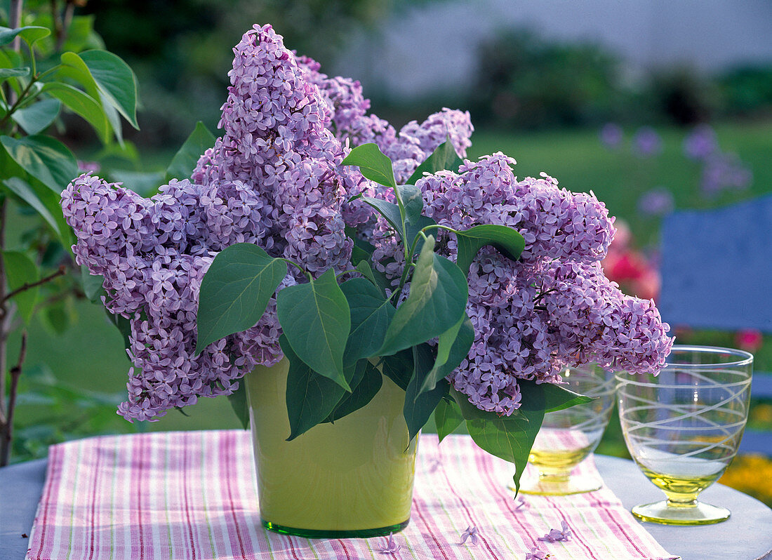 Bouquet of light purple Syringa (lilac) in a green vase on the table