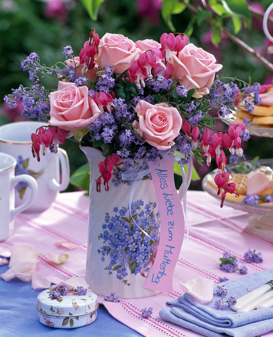 Bouquet of pink (rose), myosotis (forget-me-not), dicentra