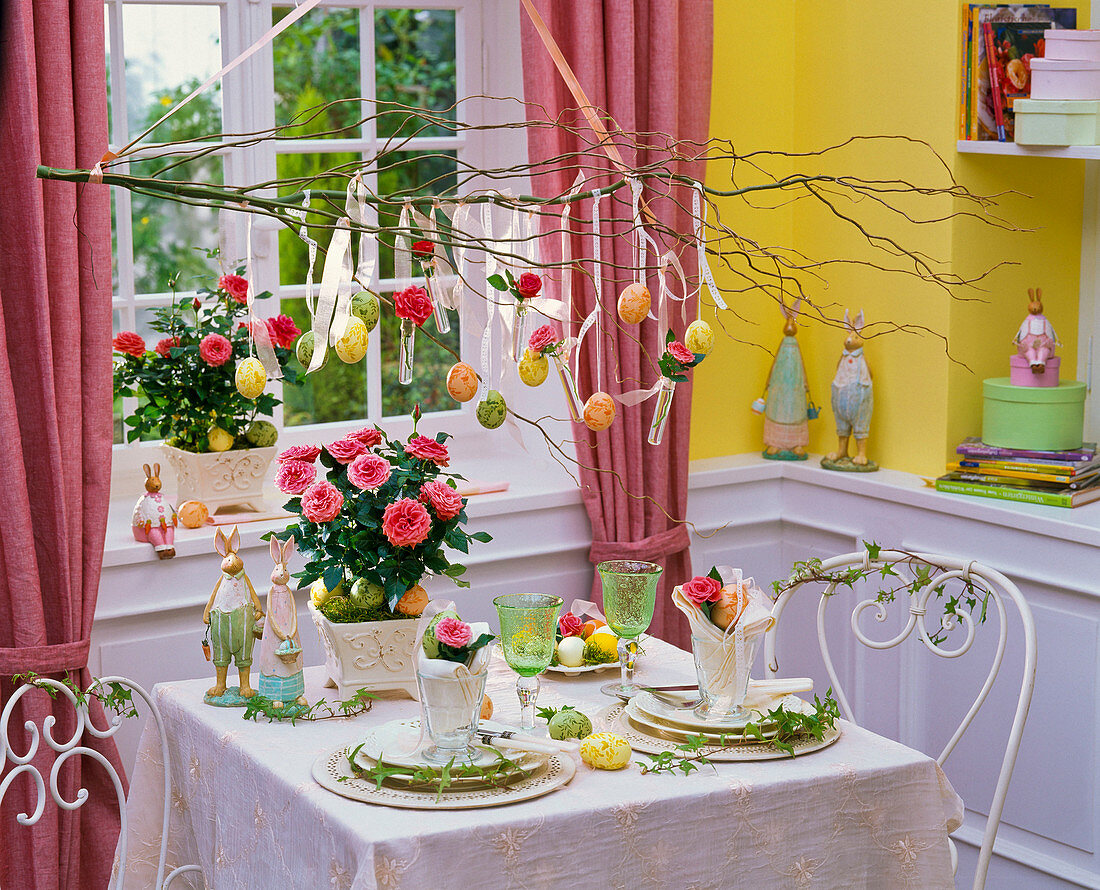 Pink on table, as a napkin decoration on covered Easter table