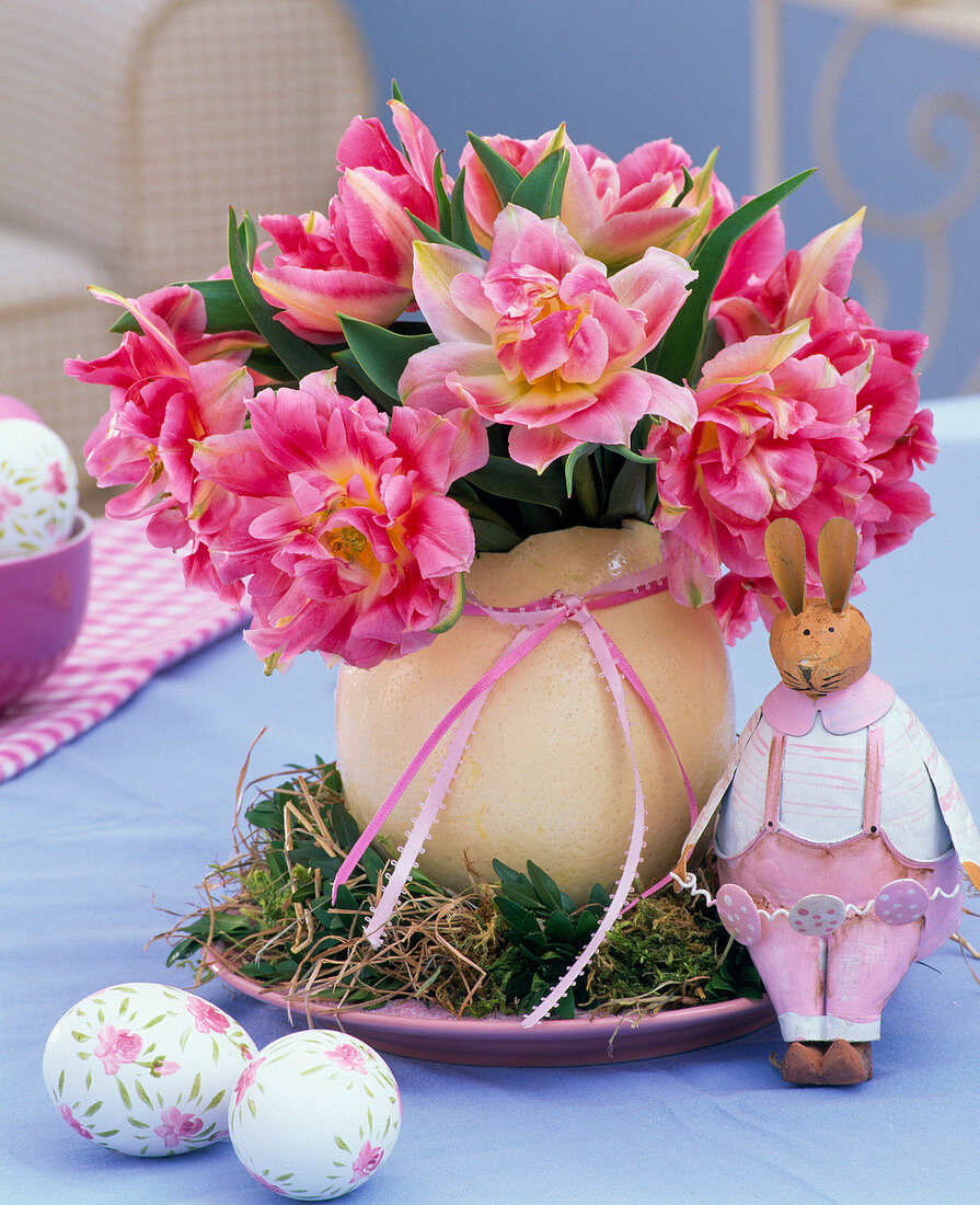 Tulipa in ostrich egg vase on wreath of moss, Buxus and straw