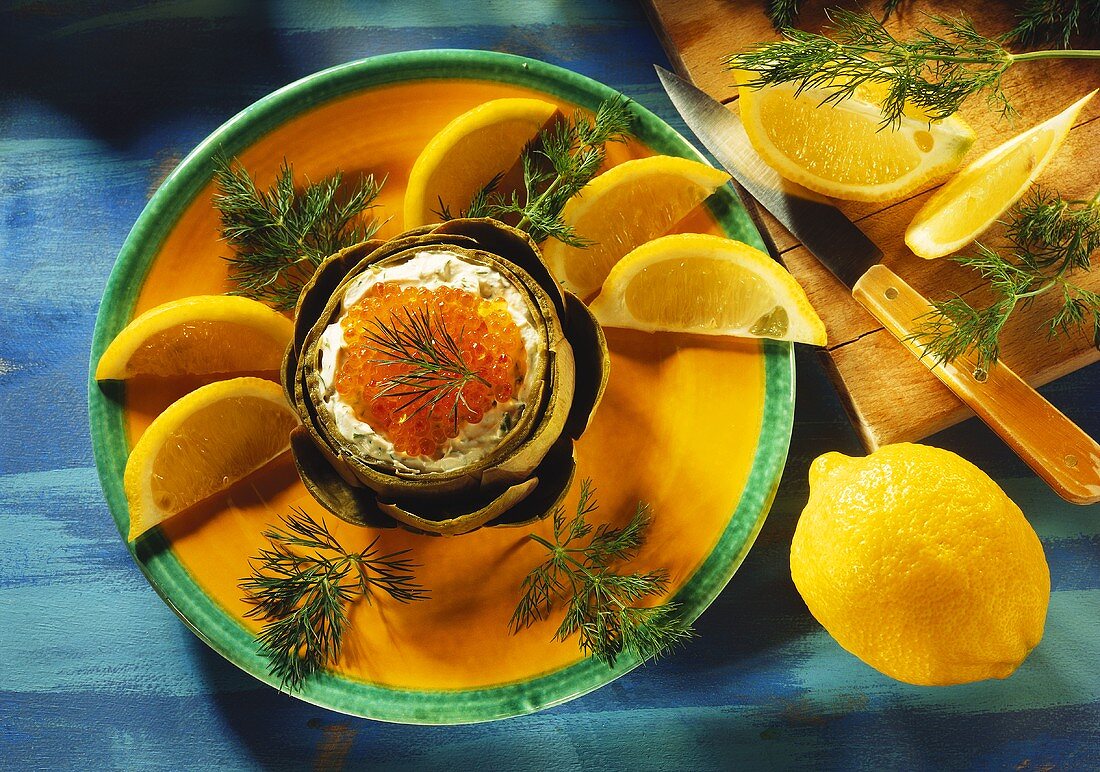 Artichoke stuffed with Garlic Yogurt and Trout Caviar with Dill and Lemon Wedges