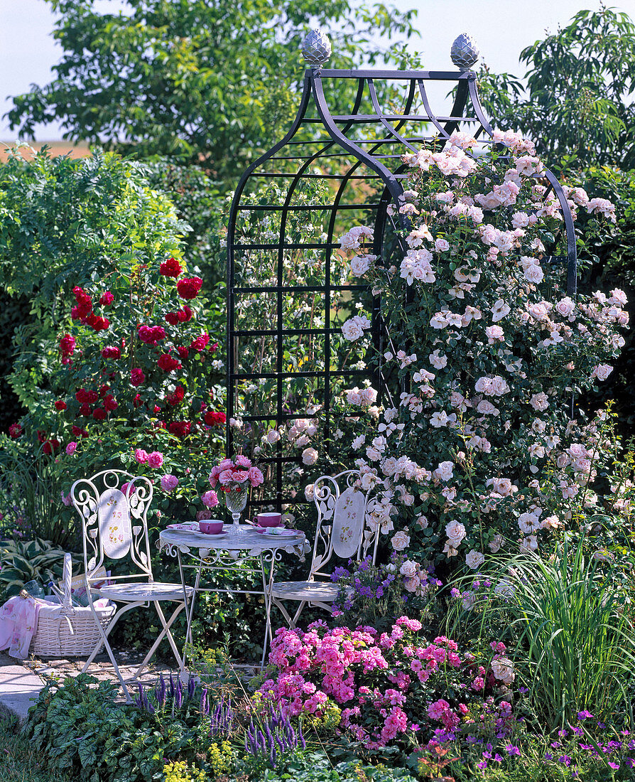 Mosaic seating place in front of rose arbor