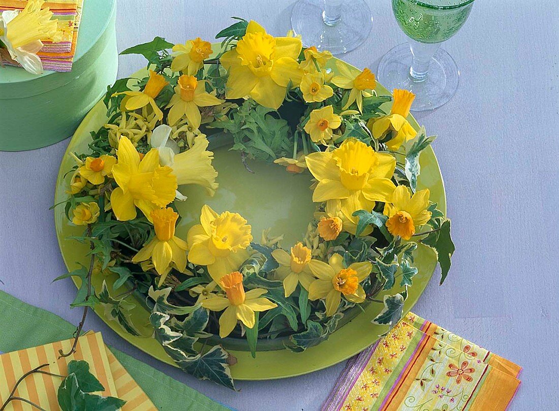 Yellow wreath of daffodils and goldbells