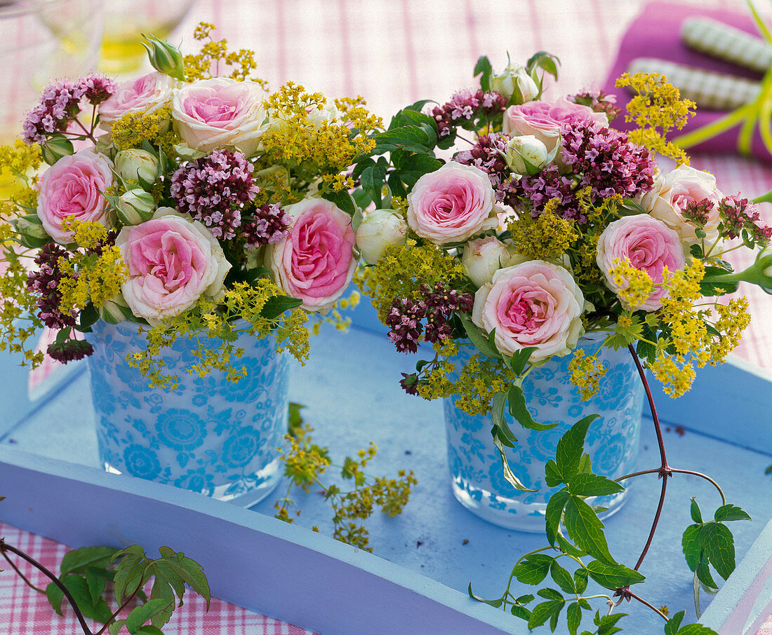 Small bouquets of pale pink rose, Origanum, Alchemilla