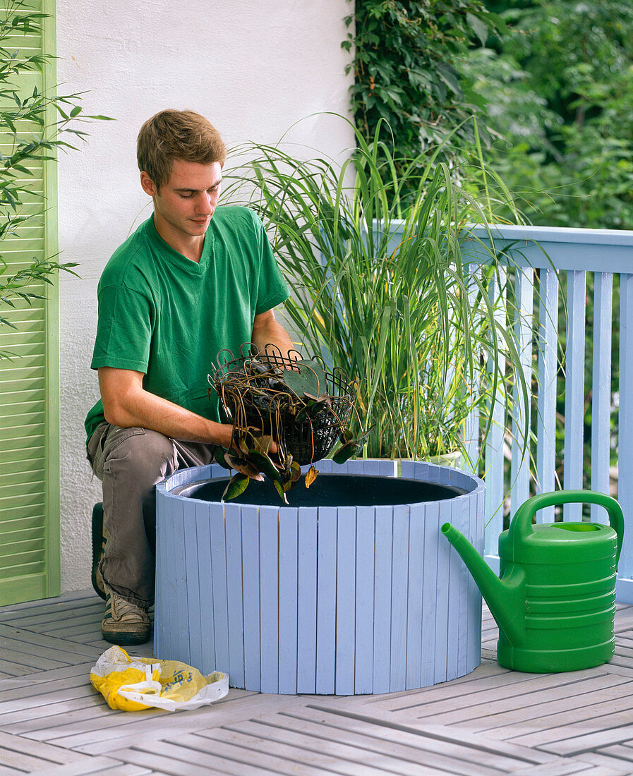 Covering the water plant bucket with wood