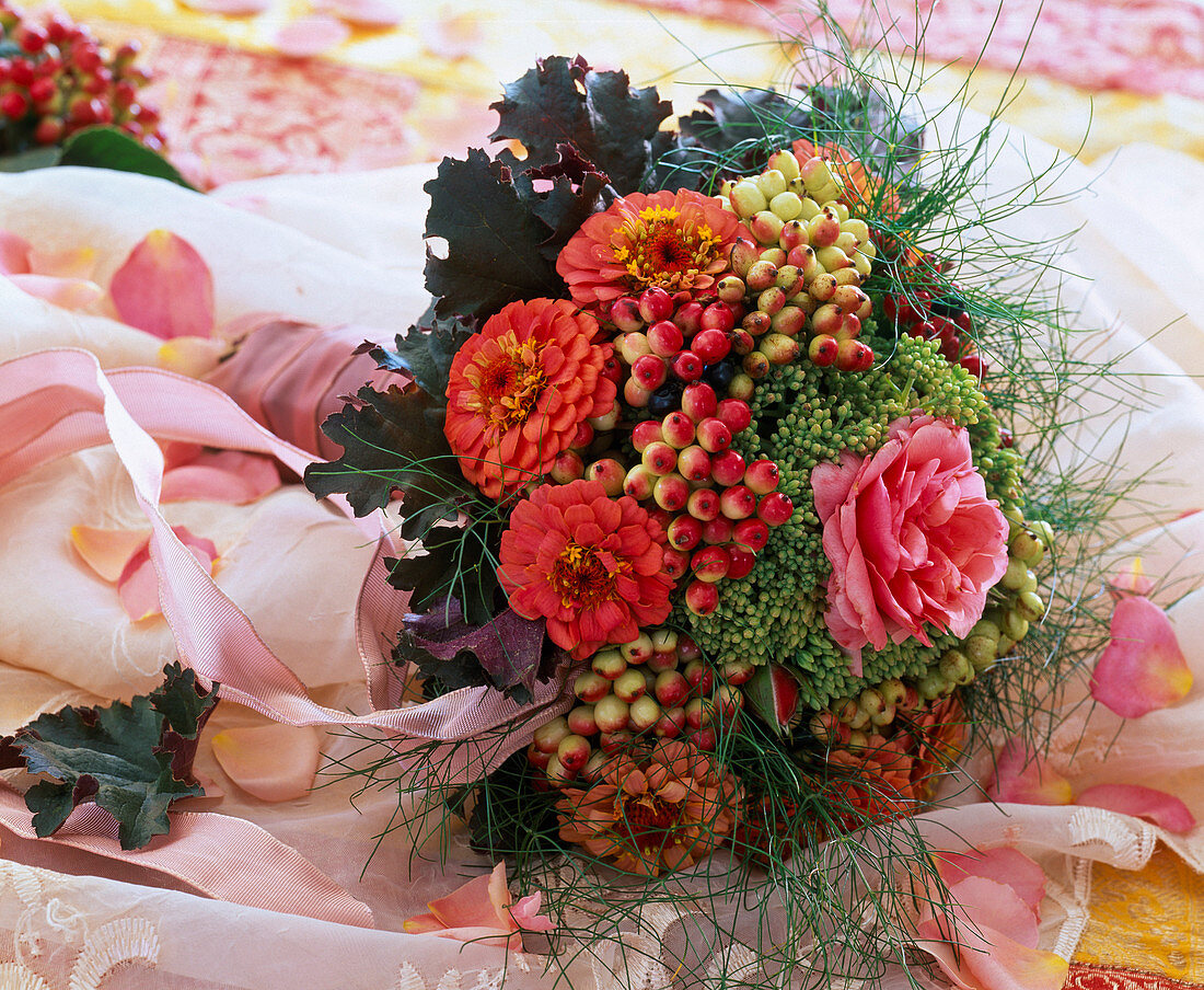Bouquet of Zinnia (zinnias), Viburnum (snowball, berries), Rosa (rose)
