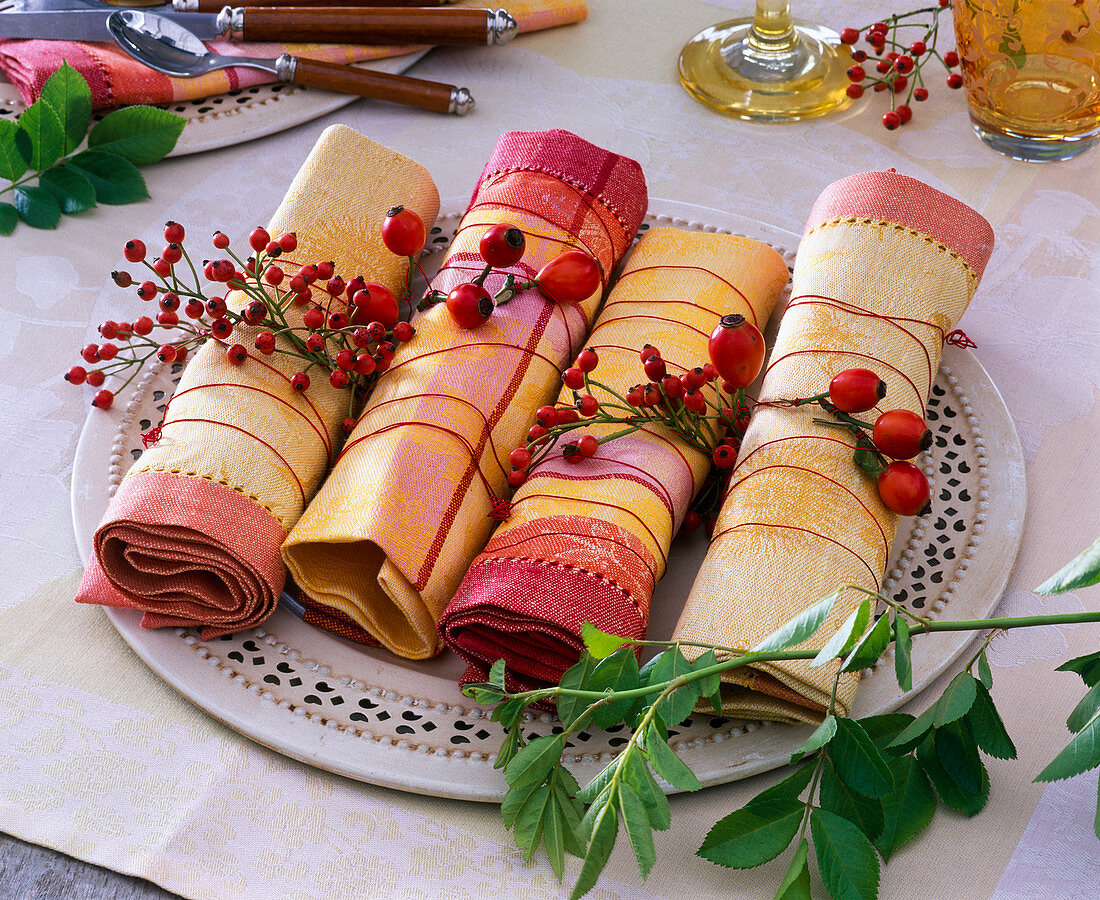 Napkins made of fabric decorated with pink (rose hip)