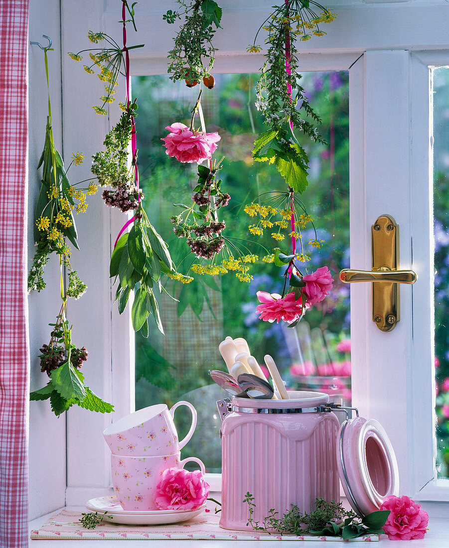 Herbs hung on the window to dry, Melissa