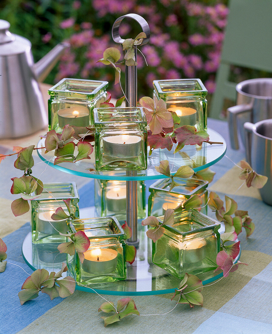 Candle decoration with hydrangeas