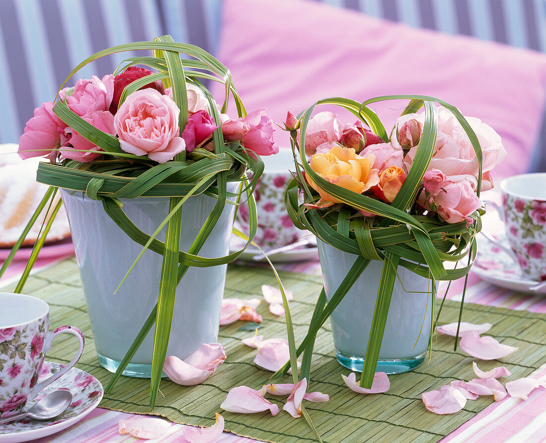 Small Bouquets of Pink (Rose) with Spartina (Golden Barley Grass)