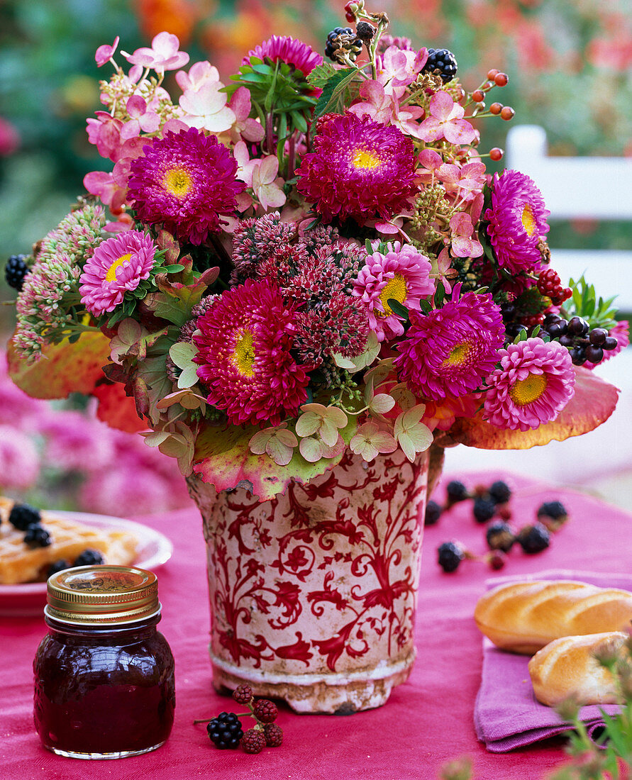 Bouquet of Callistephus (Summer Aster), Hydrangea (Hydrangea), Sedum