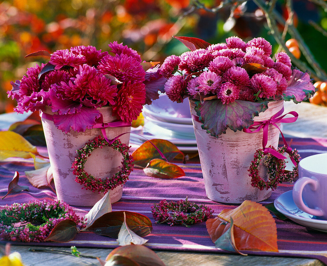 Small bouquets of Chrysanthemum (autumn chrysanthemum) and brassica