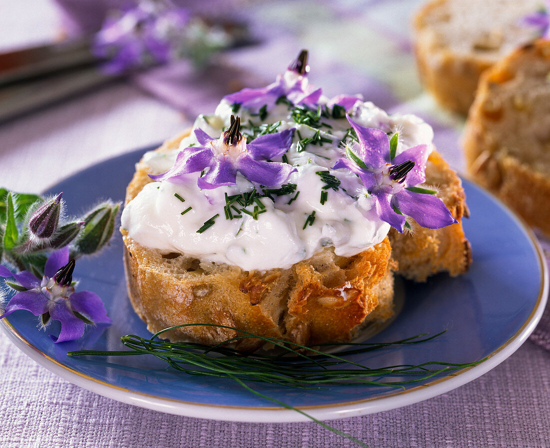 Herb quark with borage and chives on white bread