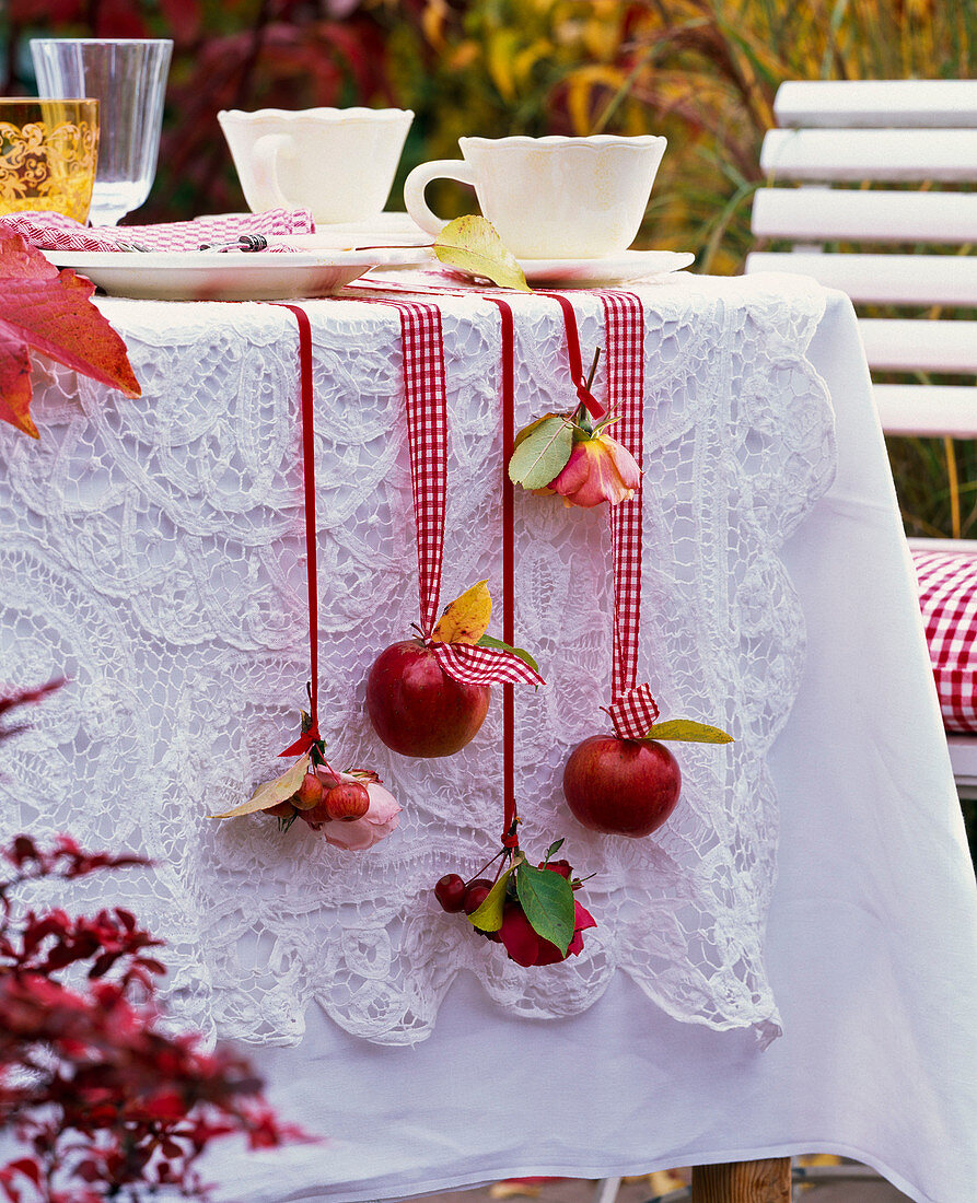 Malus, Rose, autumn leaves on the side of the table