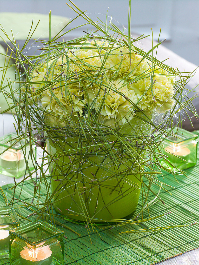 Winter bouquet of green dianthus (carnations)