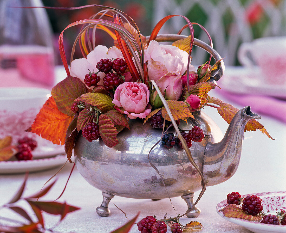 Bouquet of pink (roses), Rubus (blackberries), Panicum (switchgrass)