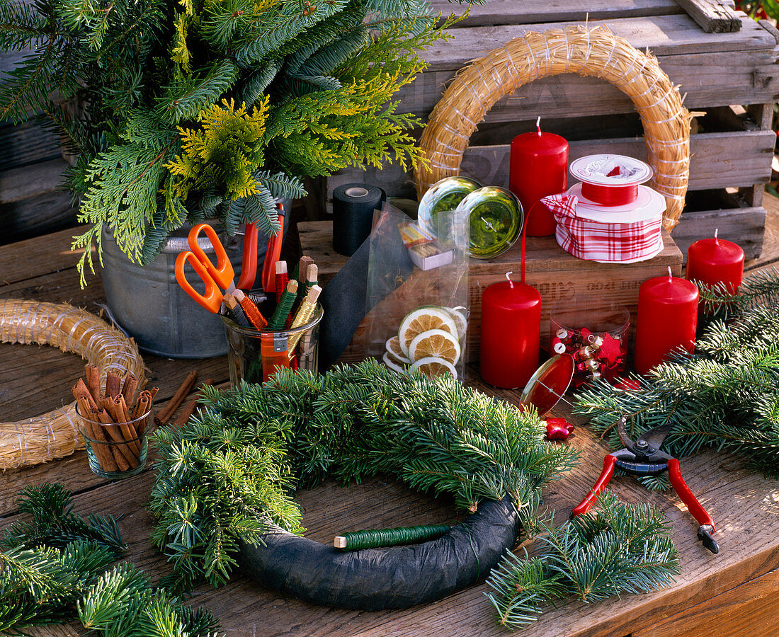 Working style with half-finished wreath of Abies nordmanniana (Nordmann fir)