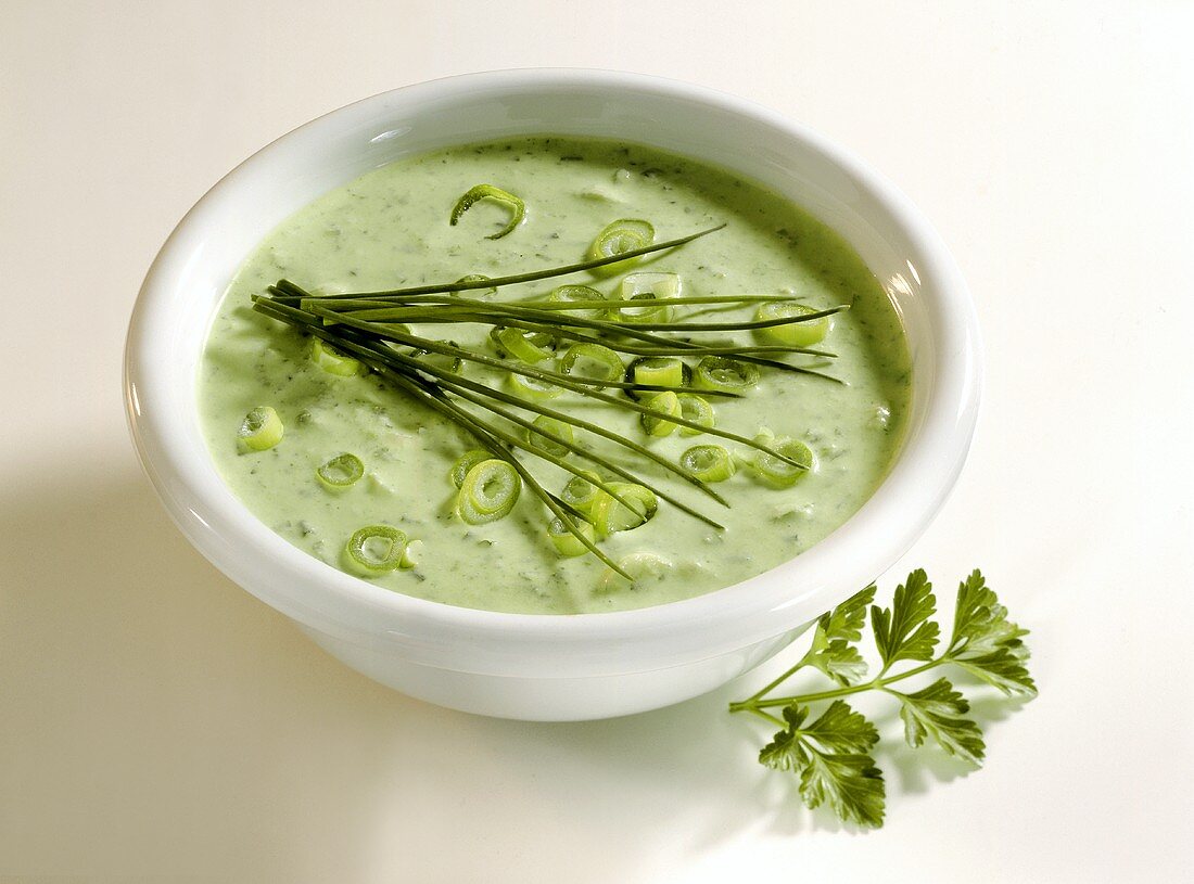 Dill Sauce in a Bowl with Chives Scallions and Parsley