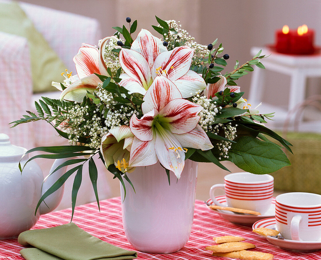 Bouquet of Hippeastrum, Gypsophila, Myrtus