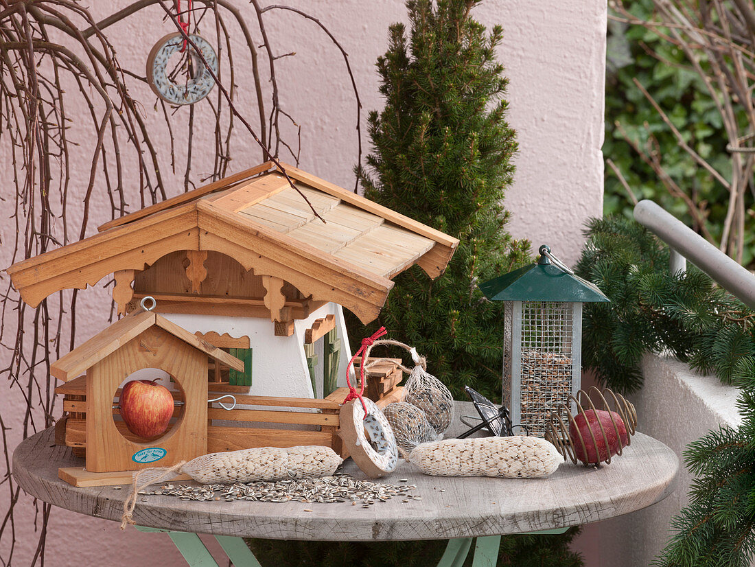 Birdseed still life on balcony table