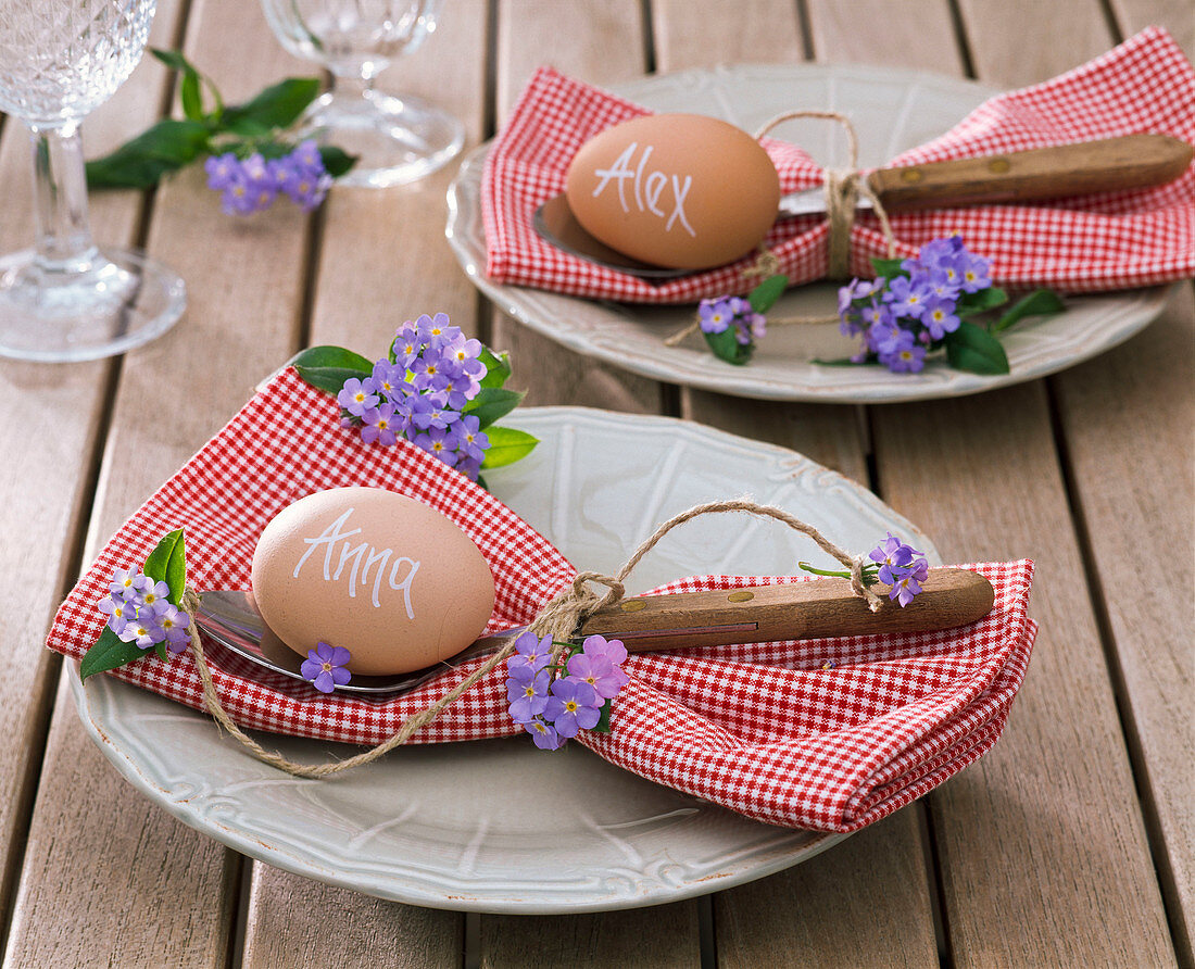 Napkin decoration with myosotis (forget-me-not), chequered napkin