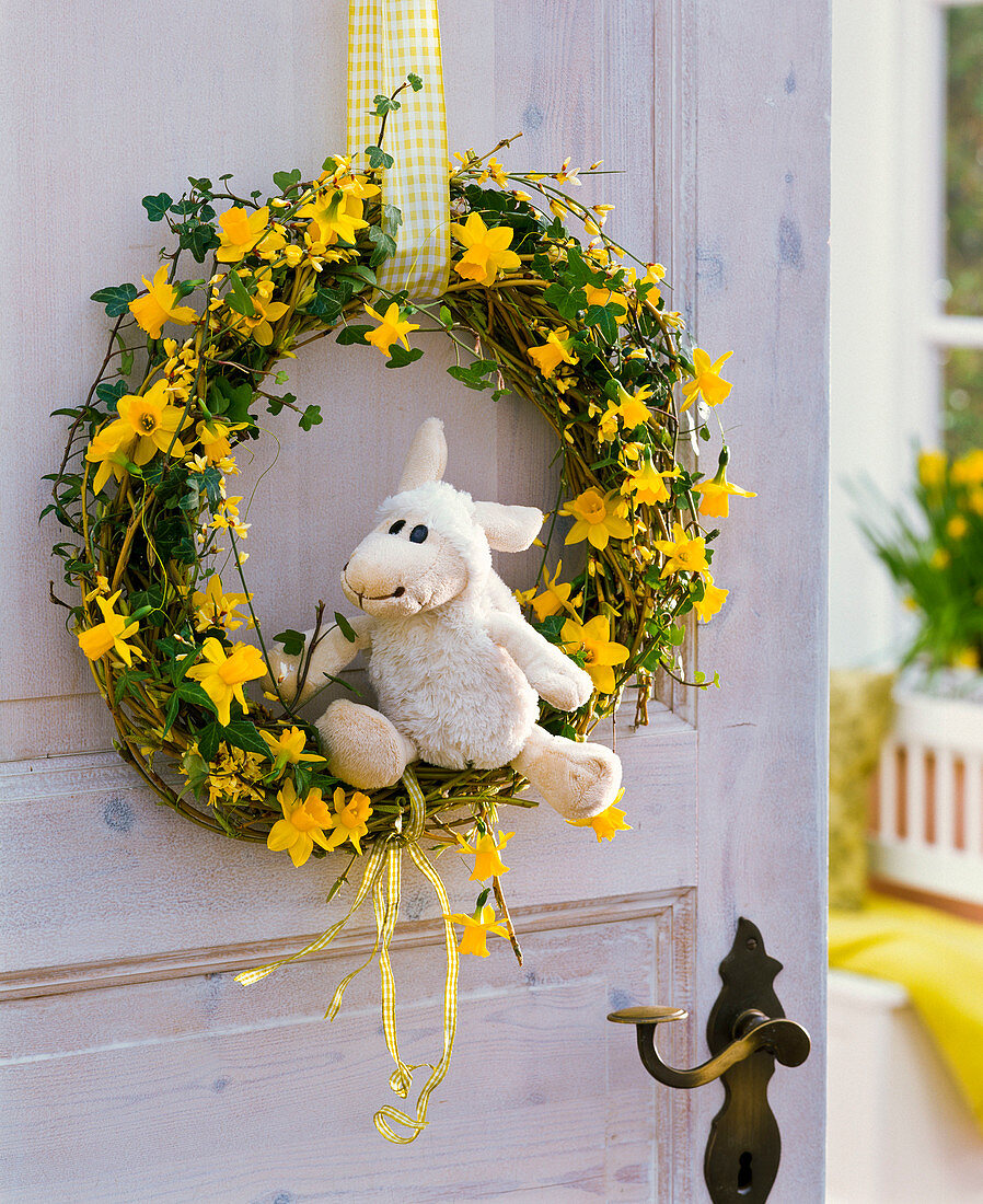 Wreath of Salix (willow), Hedera (ivy), Narcissus (daffodils), Cytisus