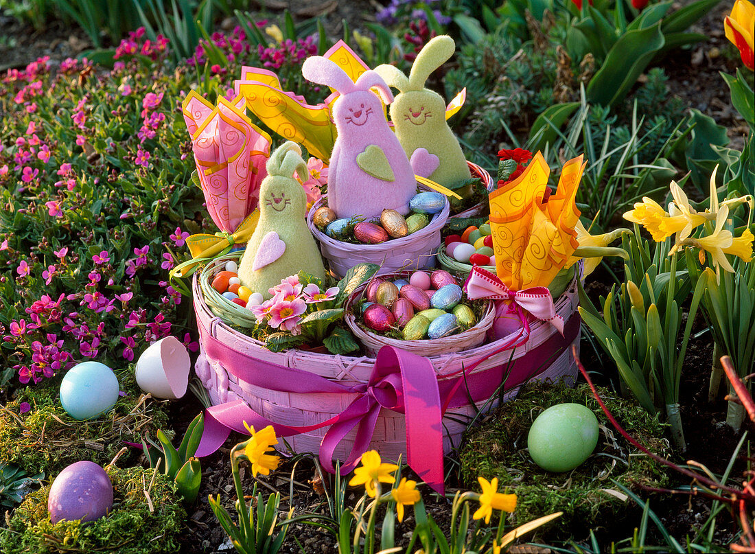 Easter nest with primula (primrose), sugar and chocolate eggs