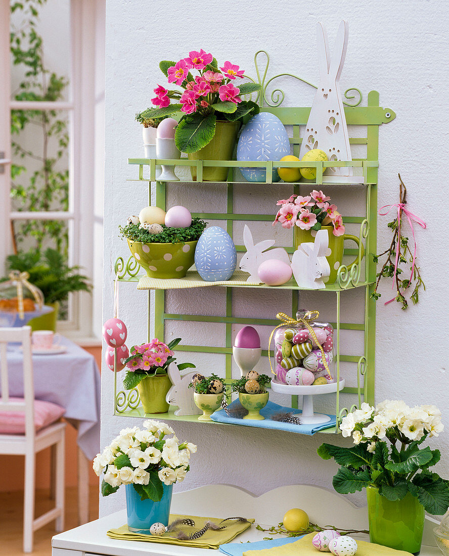 Shelf with Primula (spring primroses), Easter eggs and bunnies