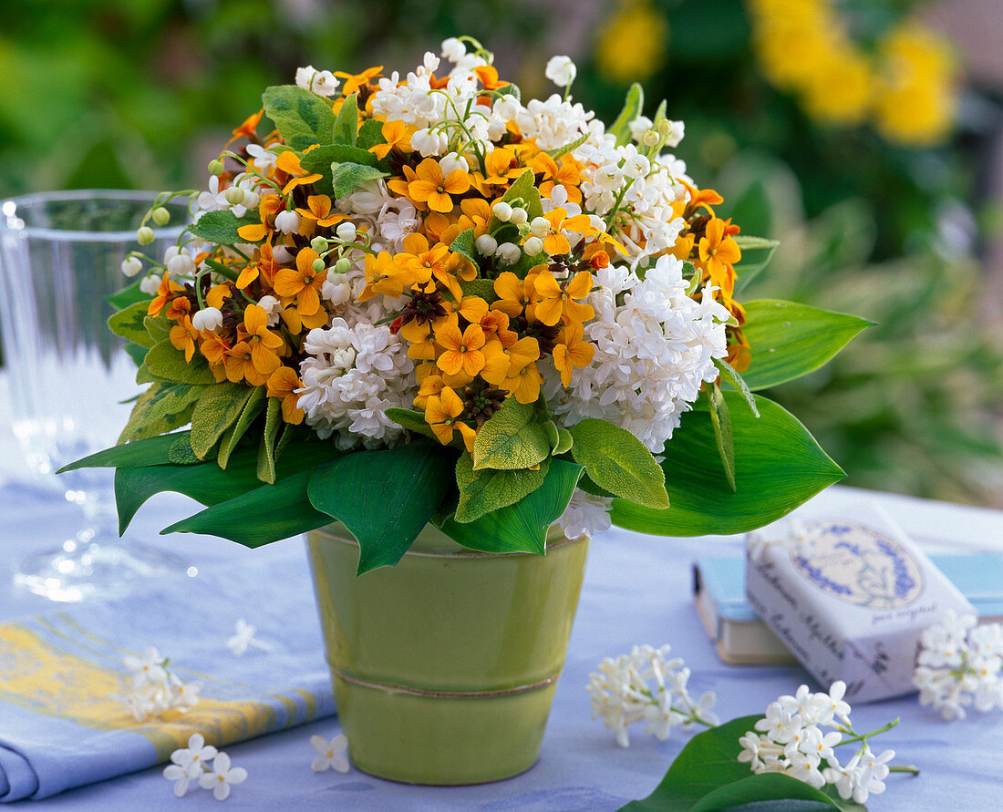 Bouquet of Erysimum (golden violet), Syringa (lilac), Convallaria