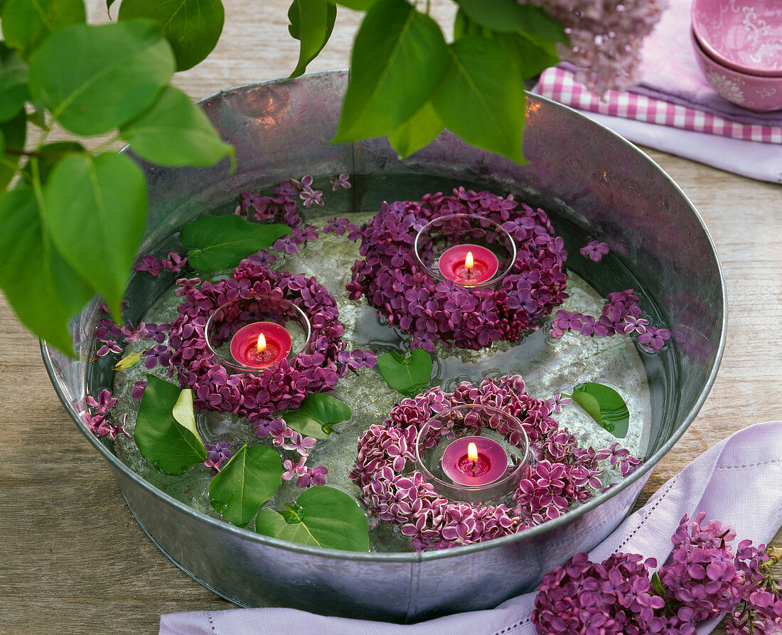 Wreaths of Syringa (lilac) floating around lanterns in water