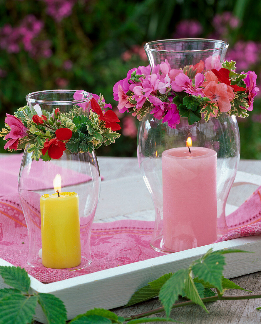 Wreaths made of various Pelargonium (geranium) around lanterns