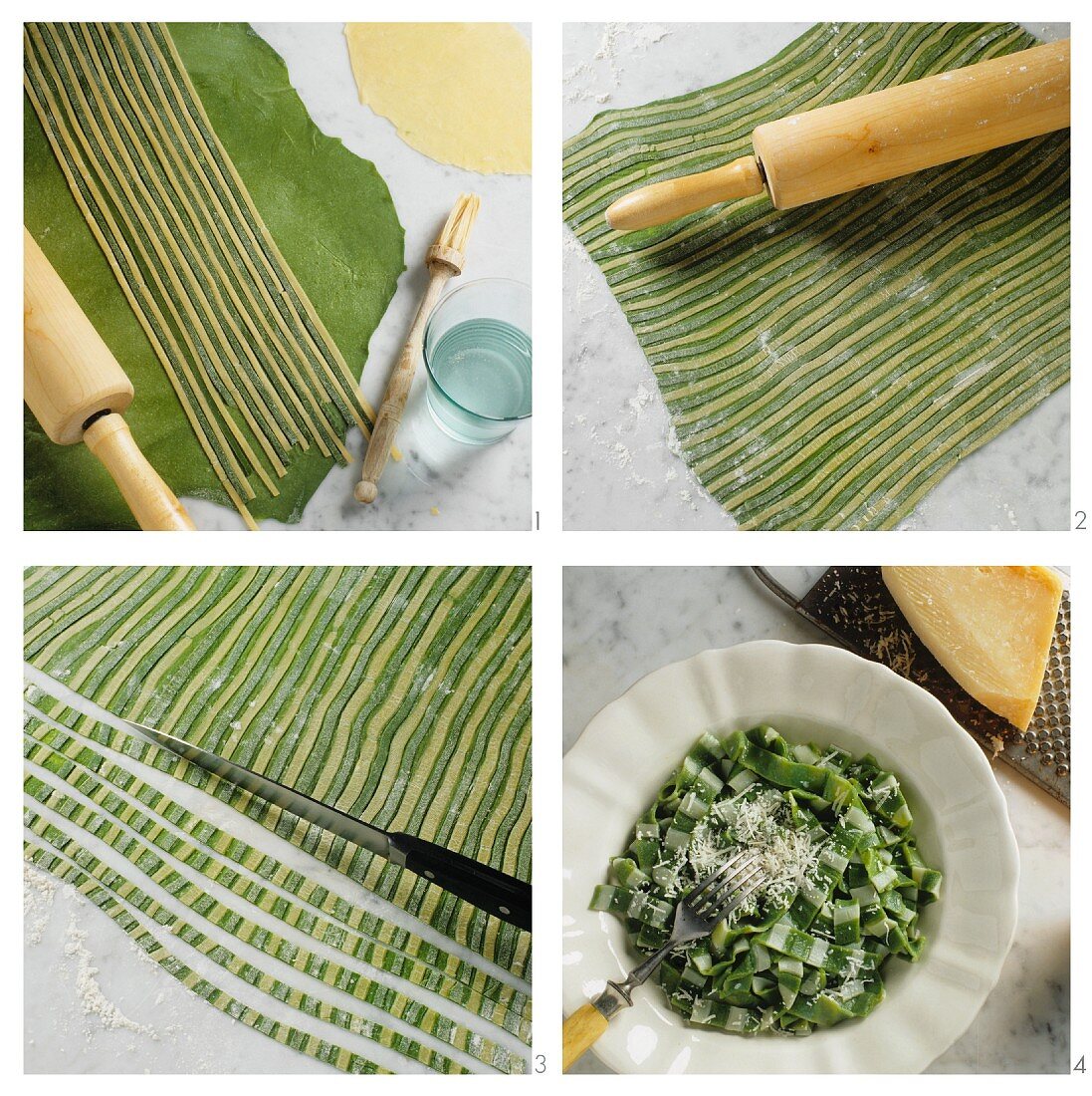 Making two-coloured noodles (green & white ribbon noodles)
