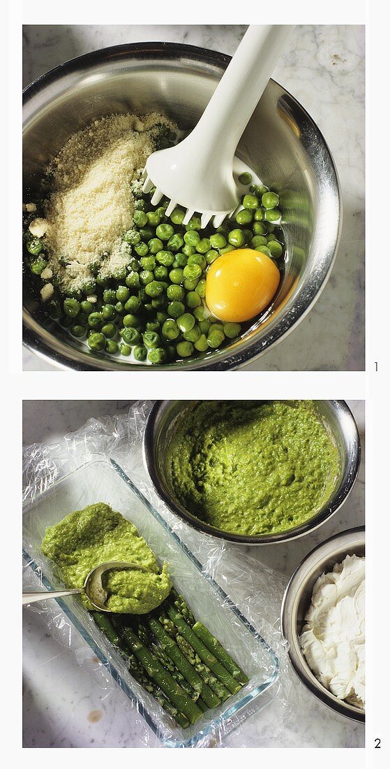 Making spring pate with asparagus, peas & cream cheese